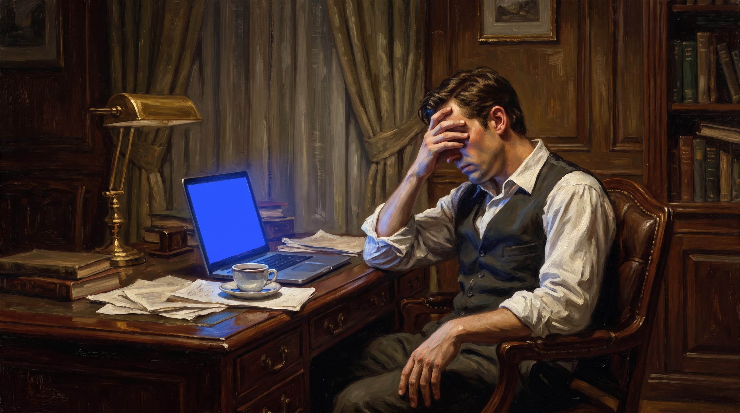 Oil painting of a tired founder at a desk at night, lit by a glowing laptop.