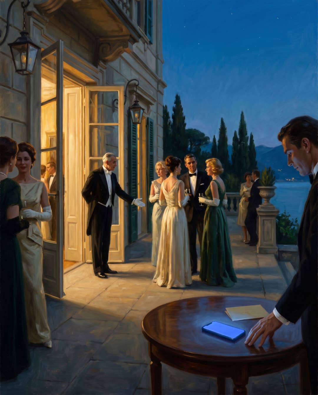 Oil painting of a villa doorway at dusk, a butler welcoming guests in.