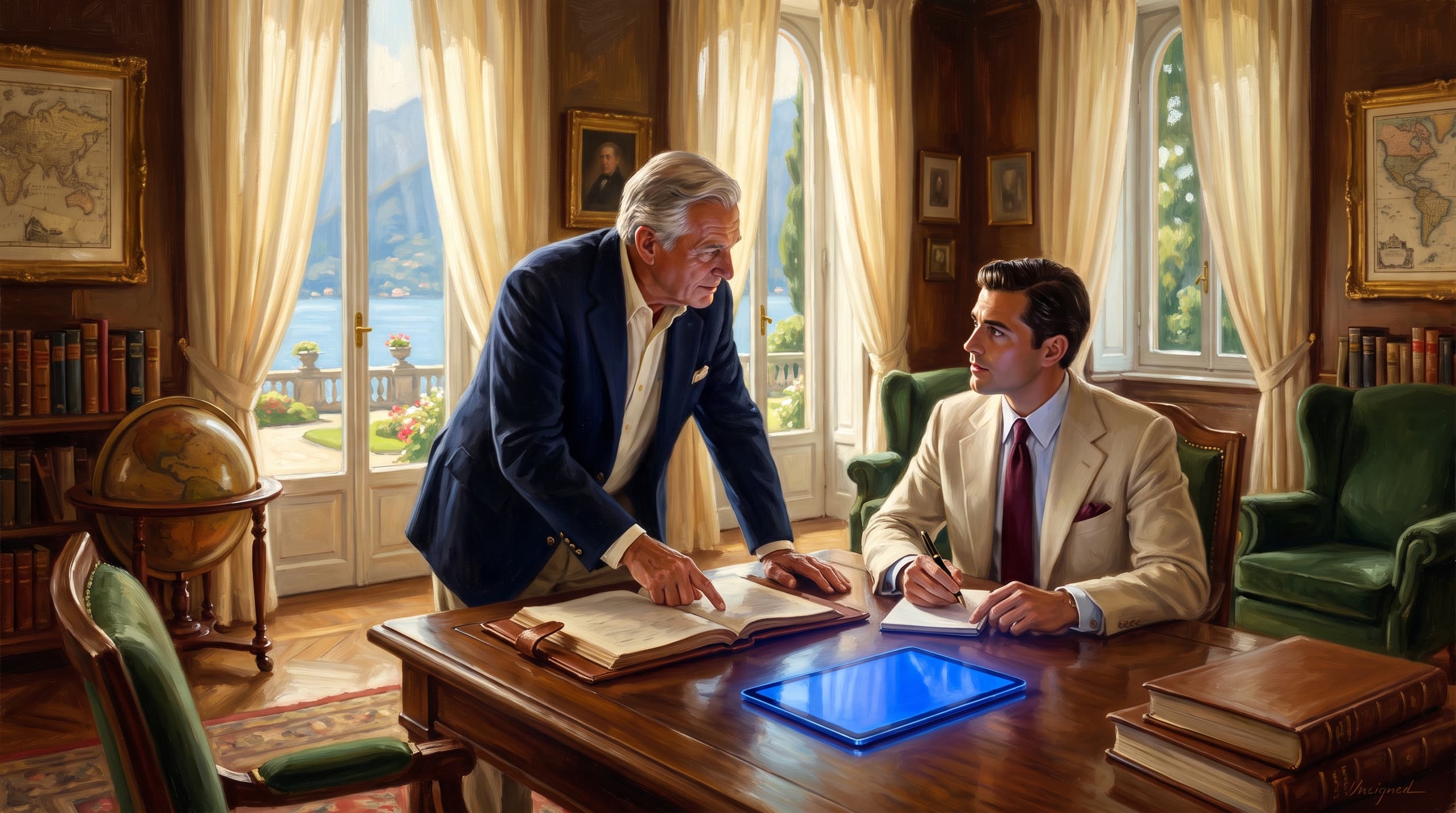Oil painting of a mentor pointing at an open folio while the founder takes notes, a glowing tablet on the desk.