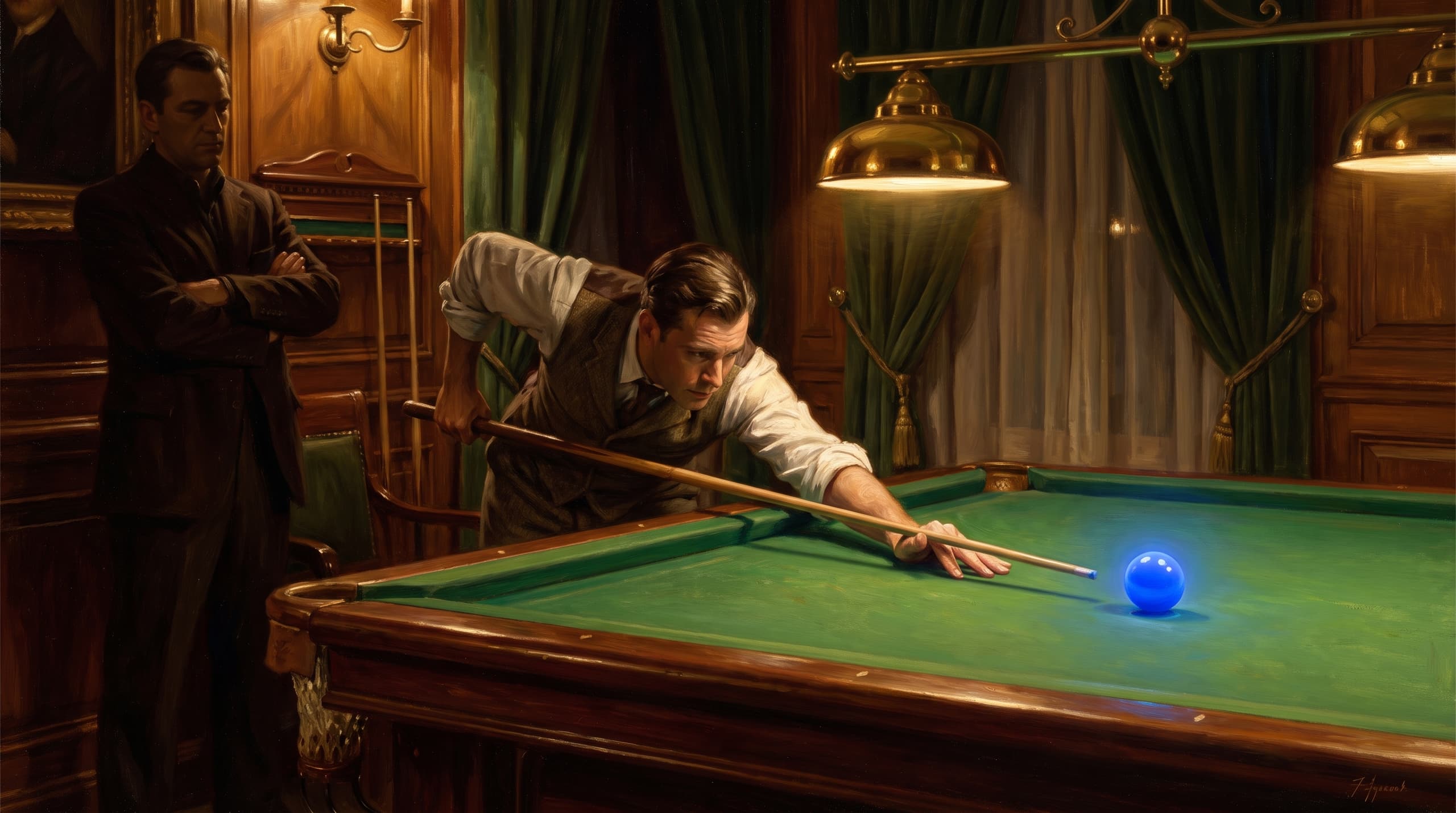 Oil painting of a billiards room, the founder lining up a shot at a glowing cue ball.