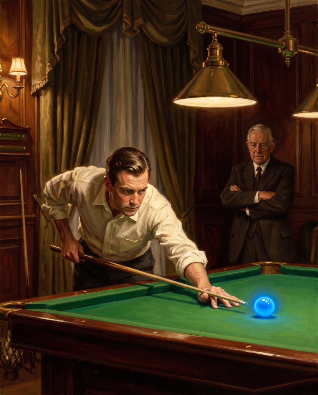 Oil painting of a billiards room, the founder lining up a shot at a glowing cue ball.