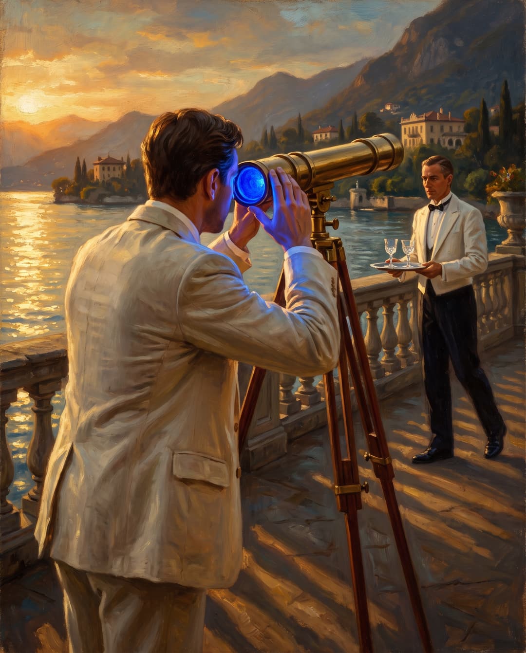 Oil painting of the founder looking through a brass telescope over Lake Como at golden hour.