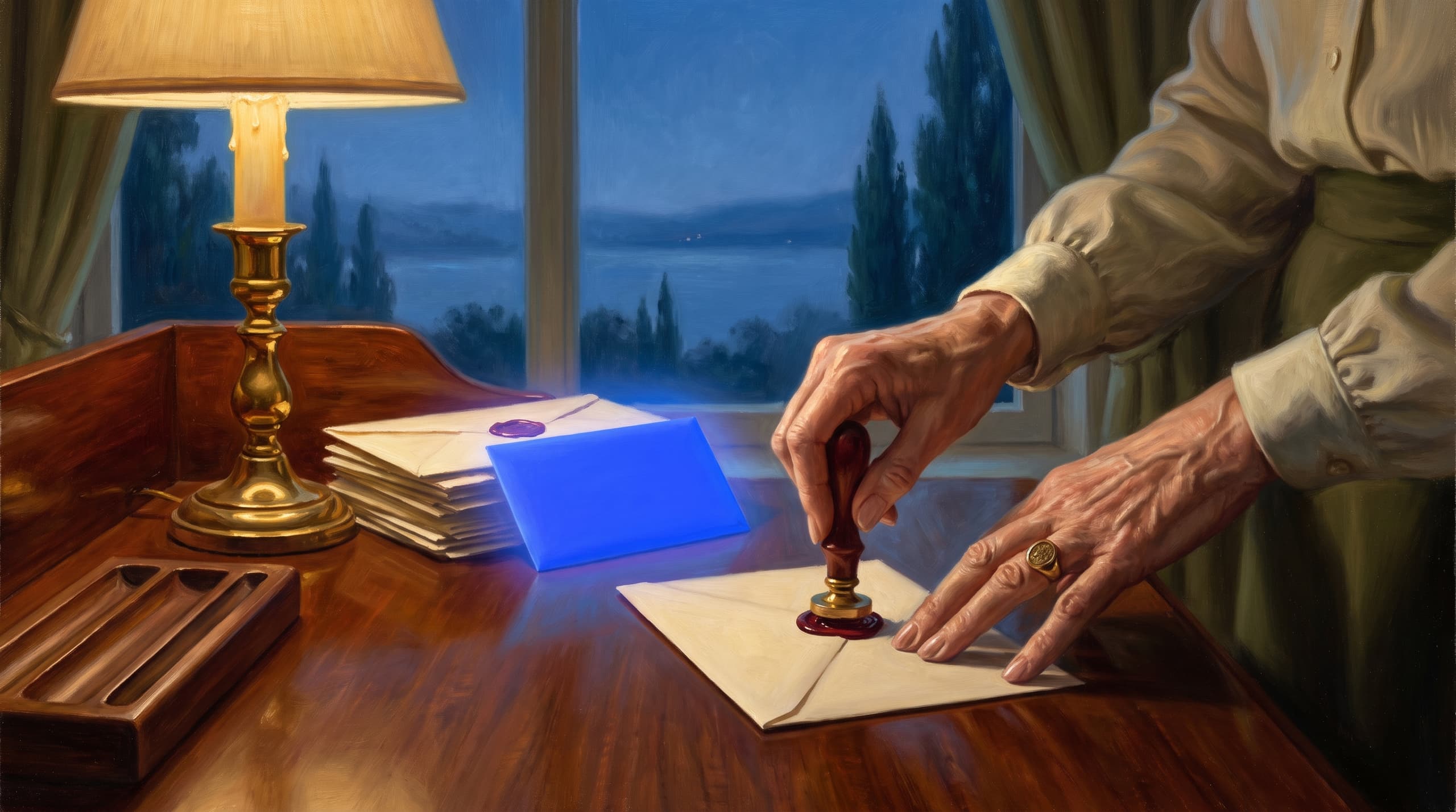 Oil painting of hands sealing a letter with wax at dusk, one envelope glowing blue.