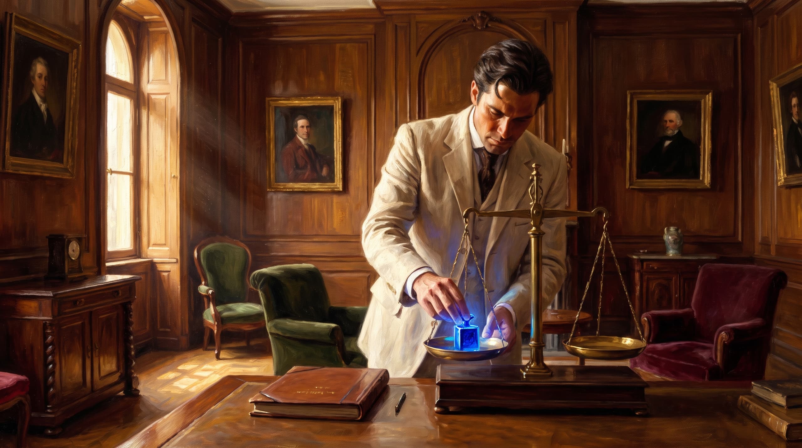 Oil painting of the founder setting a glowing weight on a brass balance scale.